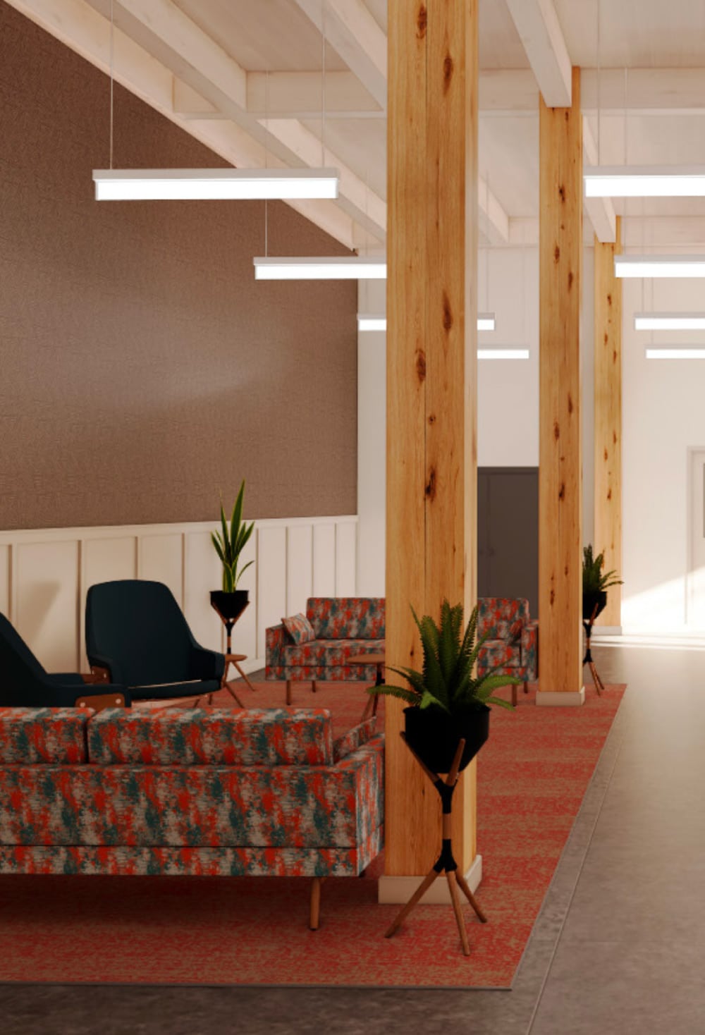 Coventry Commons lobby with timber columns and shared seating